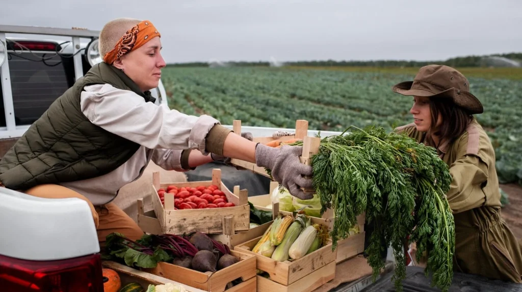 Women volunteers hauling produce in the bed of a truck